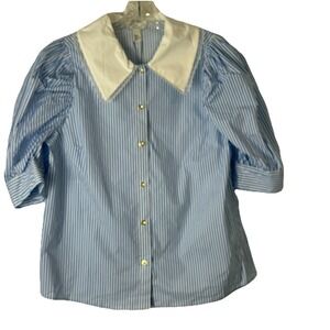 H By HALSTON Blue/White Striped Top Women Size L  NWT Button Up Preppy‎ Teacher